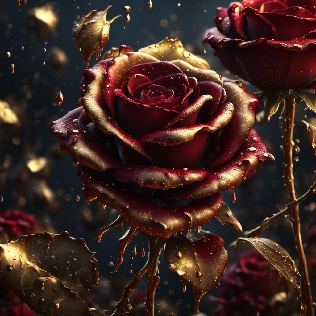 Dark Red Rose Dripping Gold: Detailed Matte Painting