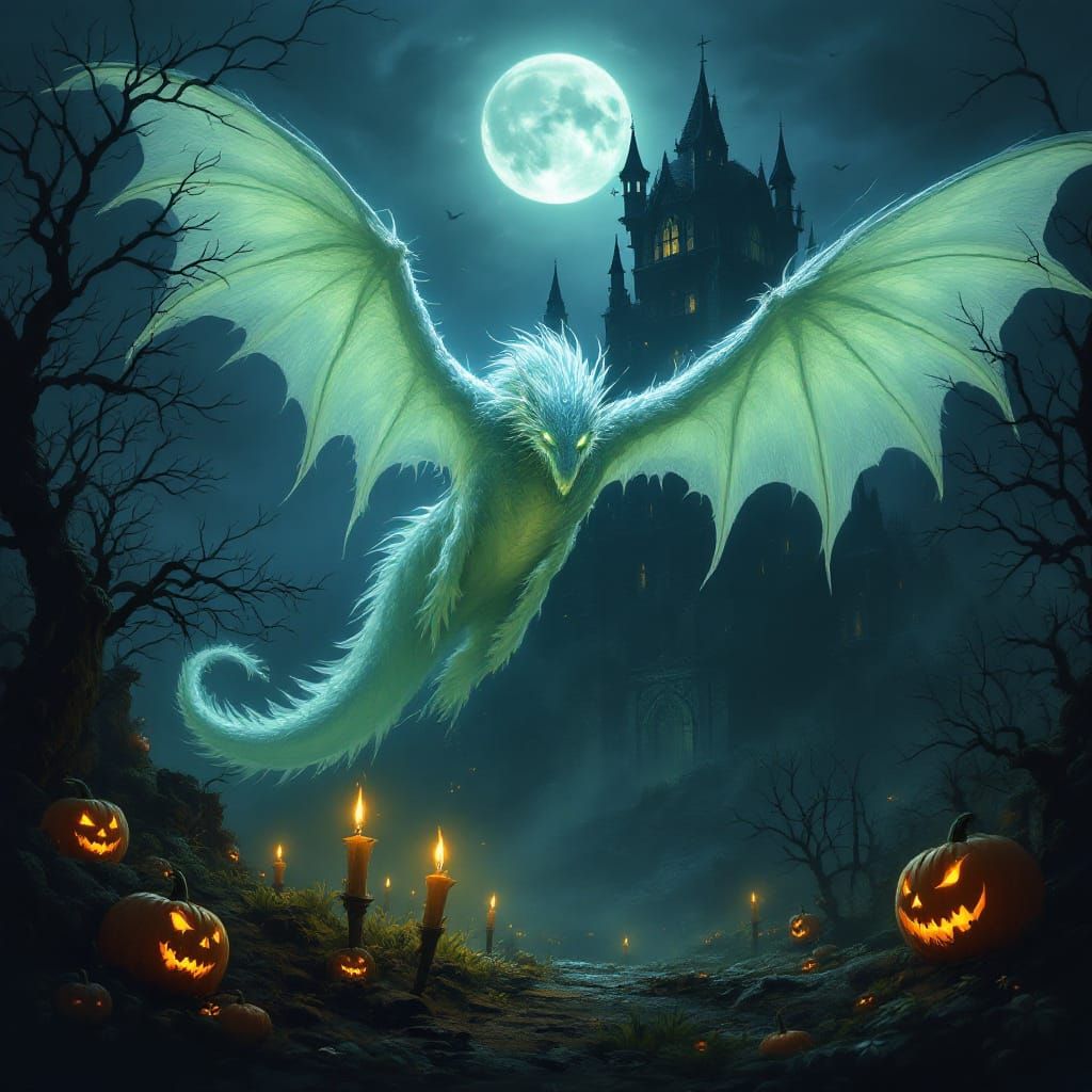 Ghost Dragon and Castle Under Green Moonlight