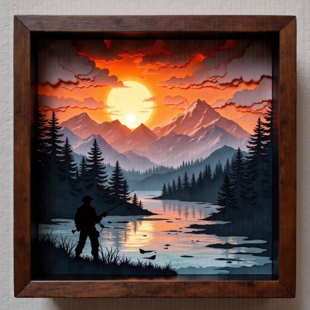 Flyfishing Mountain Sunset in Shadowbox Cutscape Style