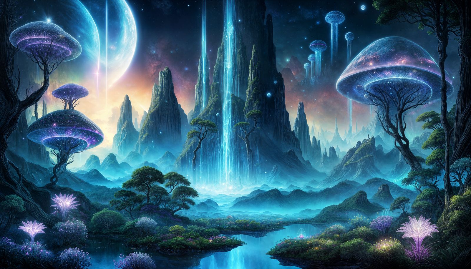 Cosmic Alien City with Bioluminescent Forest