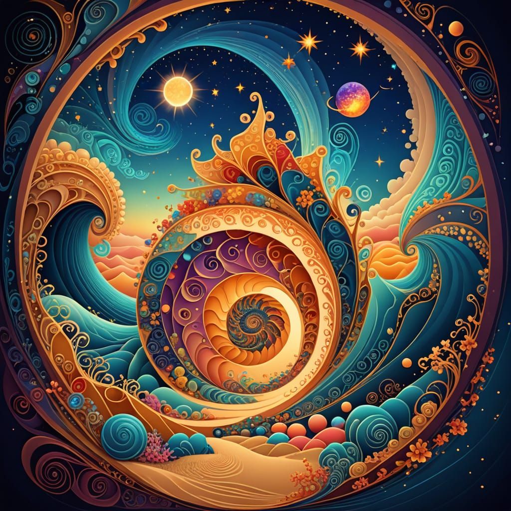 Mandelbrot Fractal Beach with Starry Sky and Galaxies