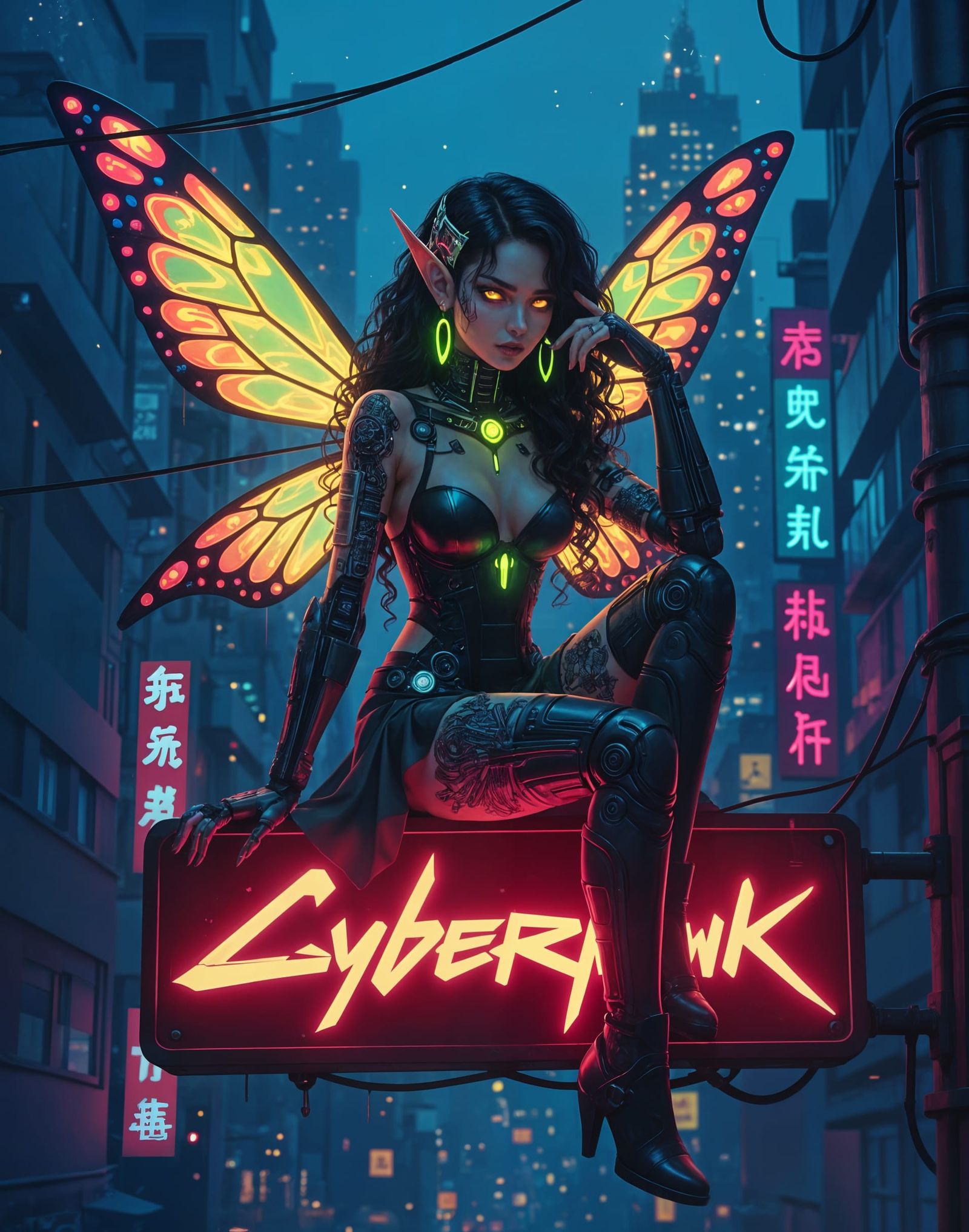 Cyberpunk Fairy with Neon Wings in Cityscape