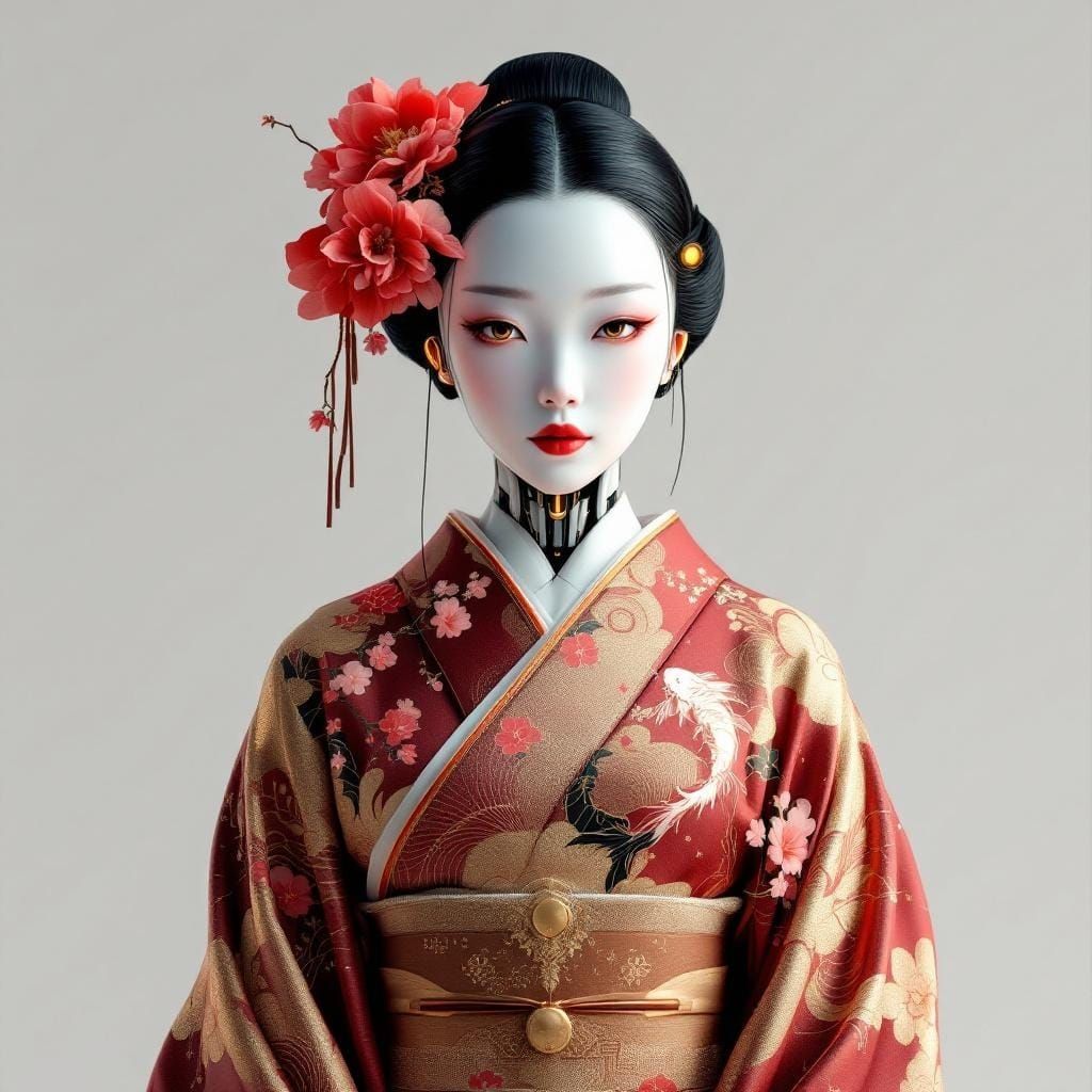 Cybernetic Geisha in Kimono with Cherry Blossoms