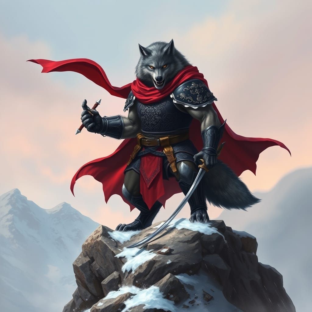 Wolf Warrior in Dark Armor Stands Ready for Battle