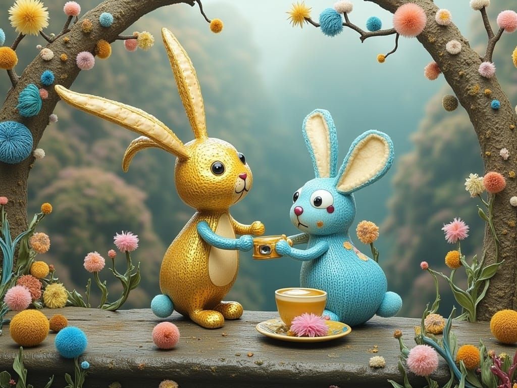 Cute Coffee Bunny in Surreal Enamel Landscape