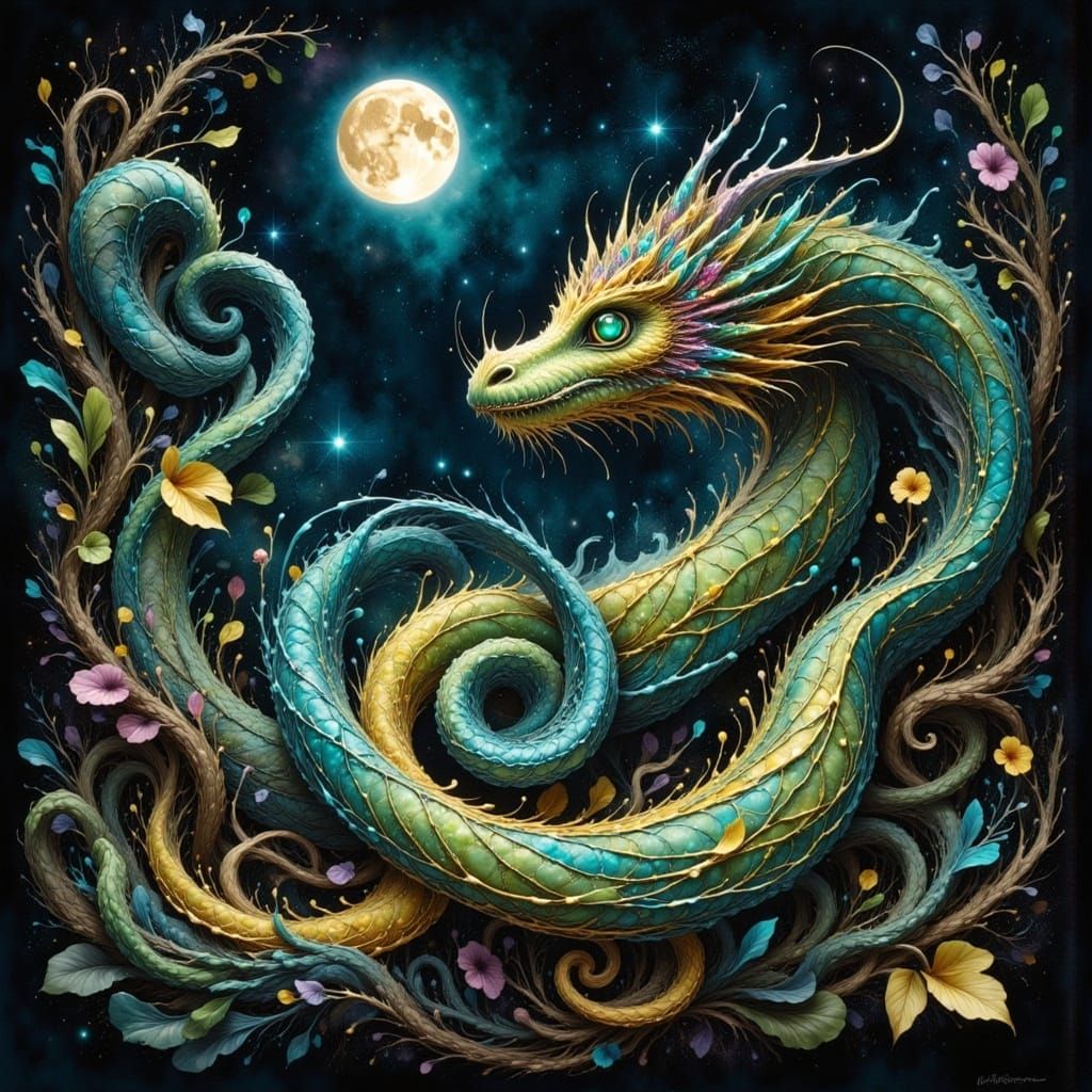 Dragon Caterpillar in Moonlit Garden, Rococo Style