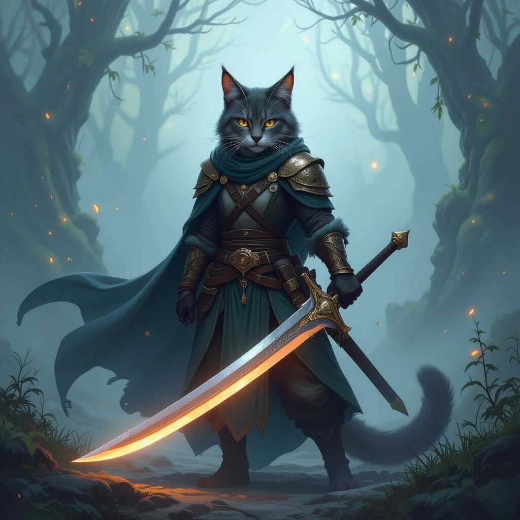 Catfolk Warrior with Long Sword in Ethereal Fantasy Landscap...
