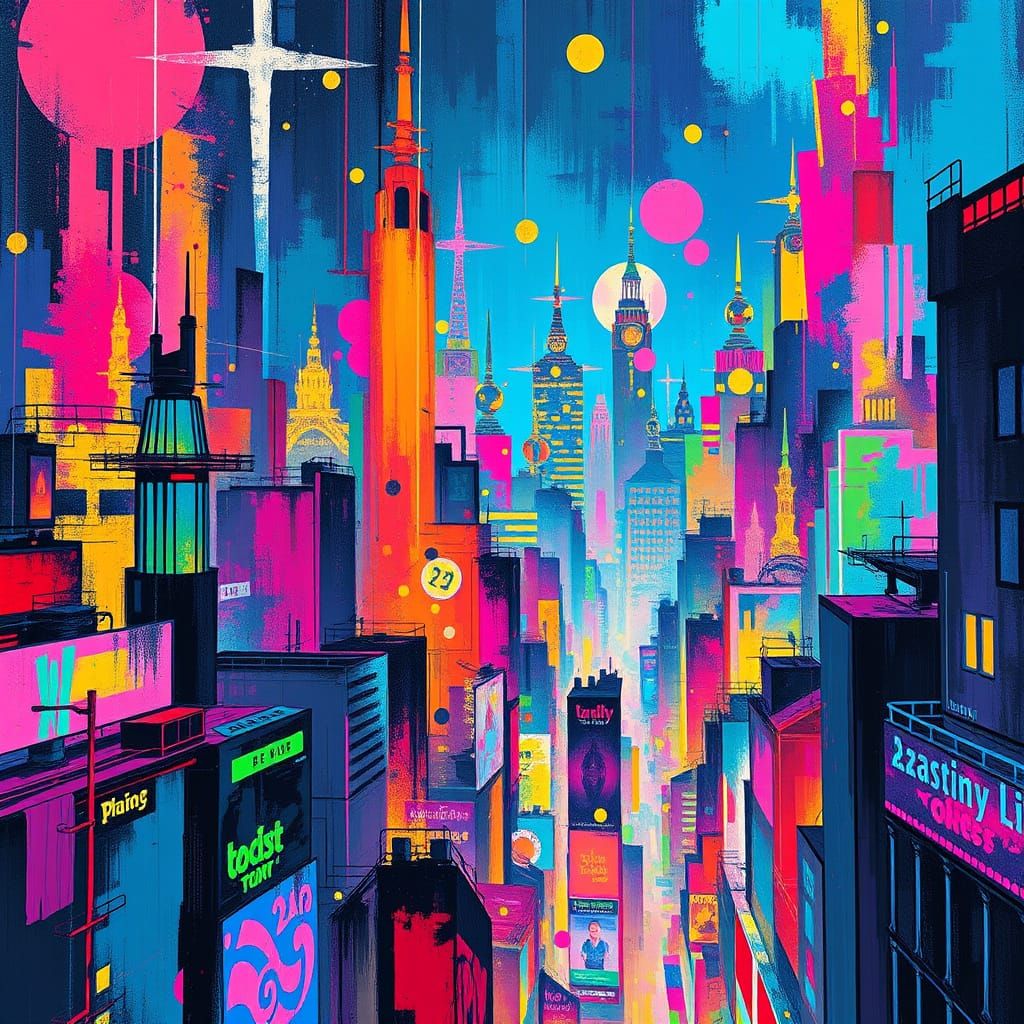 Surreal Futuristic Cityscape in Vibrant Abstract Art Style