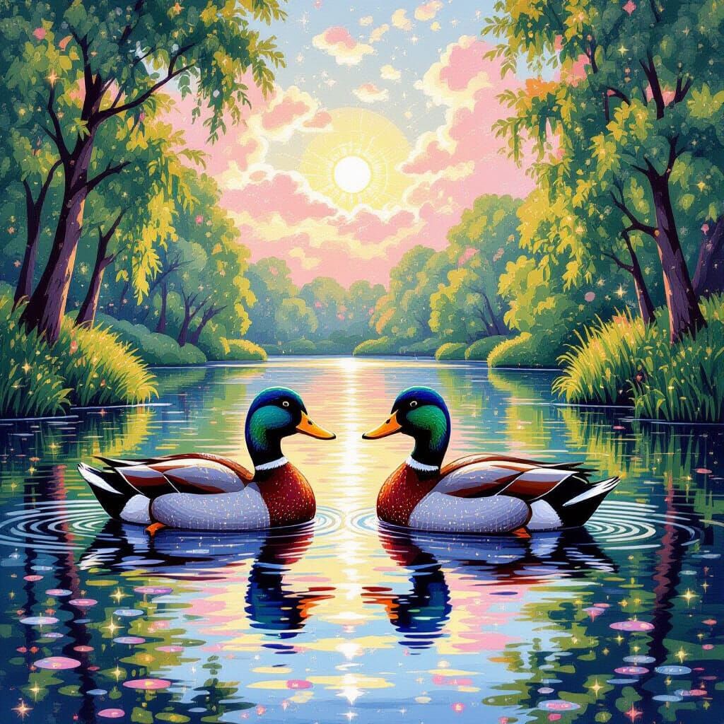 Pointillist Ducks Swimming in a Sunny Pond