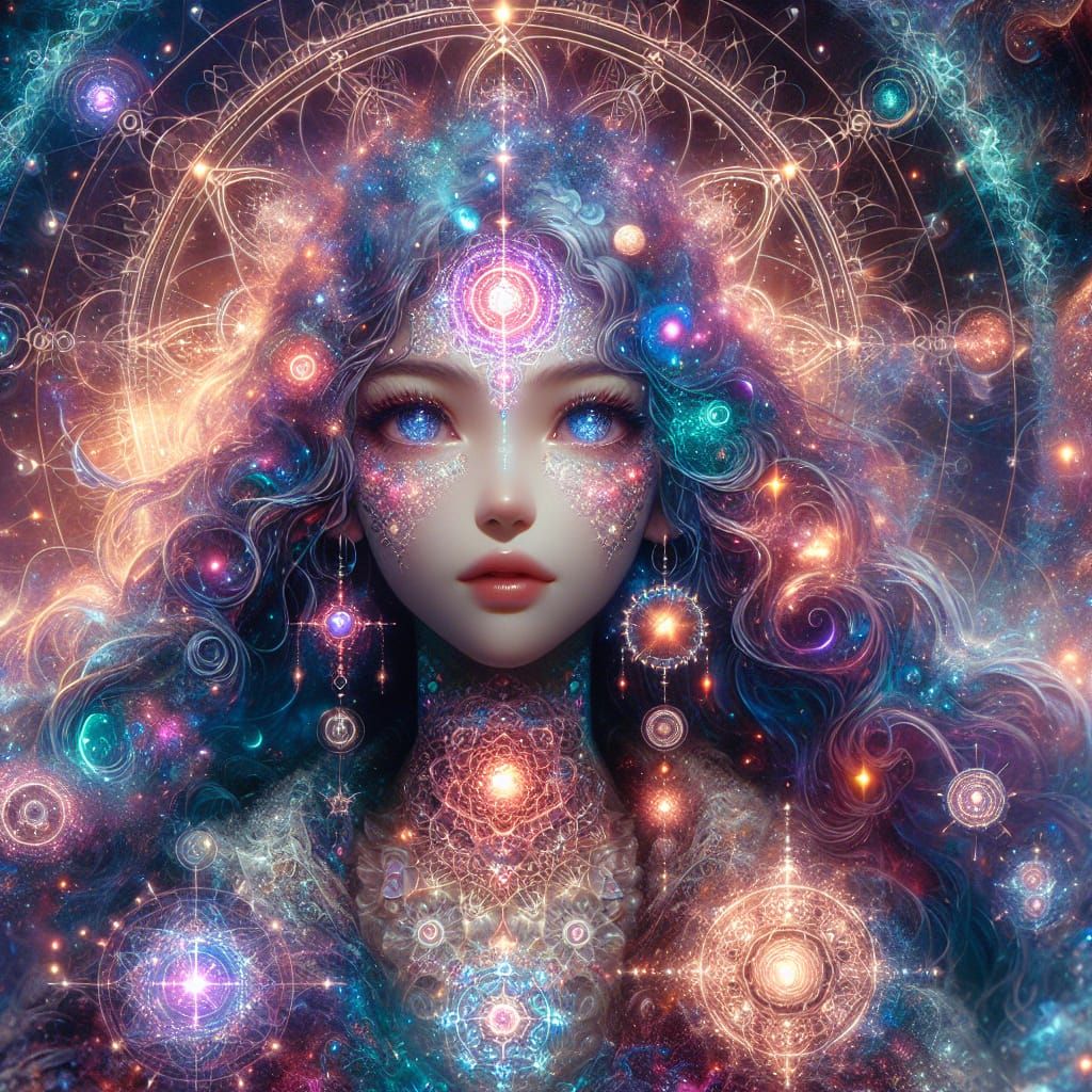 Celestial Anime Figure in Spacecore Fractal Style