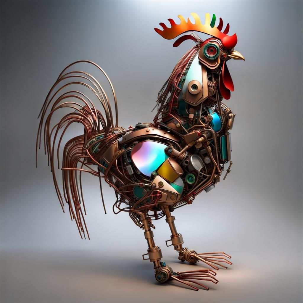 Mechanical Rooster Sculpture of Brass and Copper Wire