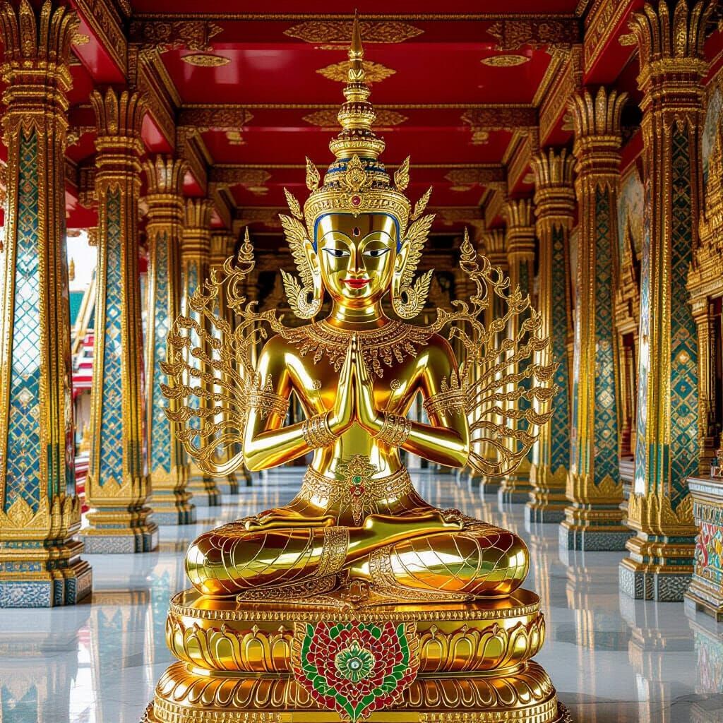 Golden Kinnara Statue with Mirrored Glass Inlays