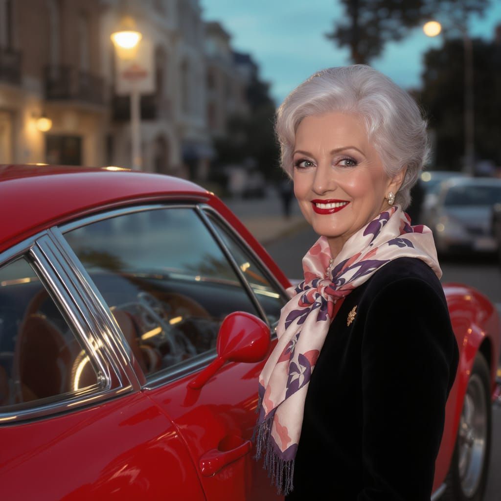 Elegant Older Woman Poses With Red Porsche at Dusk