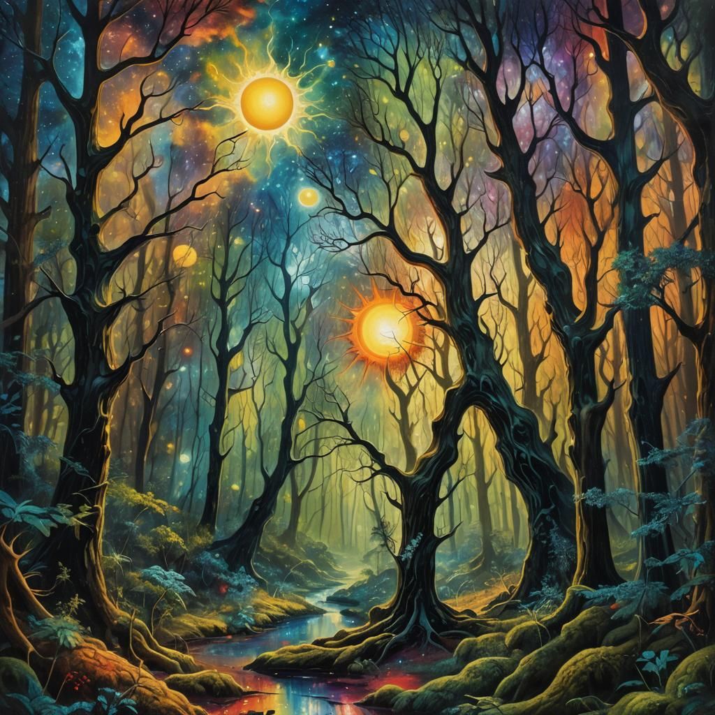 Surreal Deep Space Forest in Impasto Style