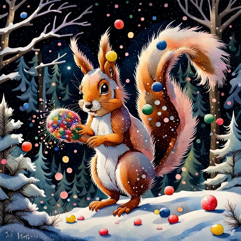 Confetti Squirrel and Hare in Winter Forest