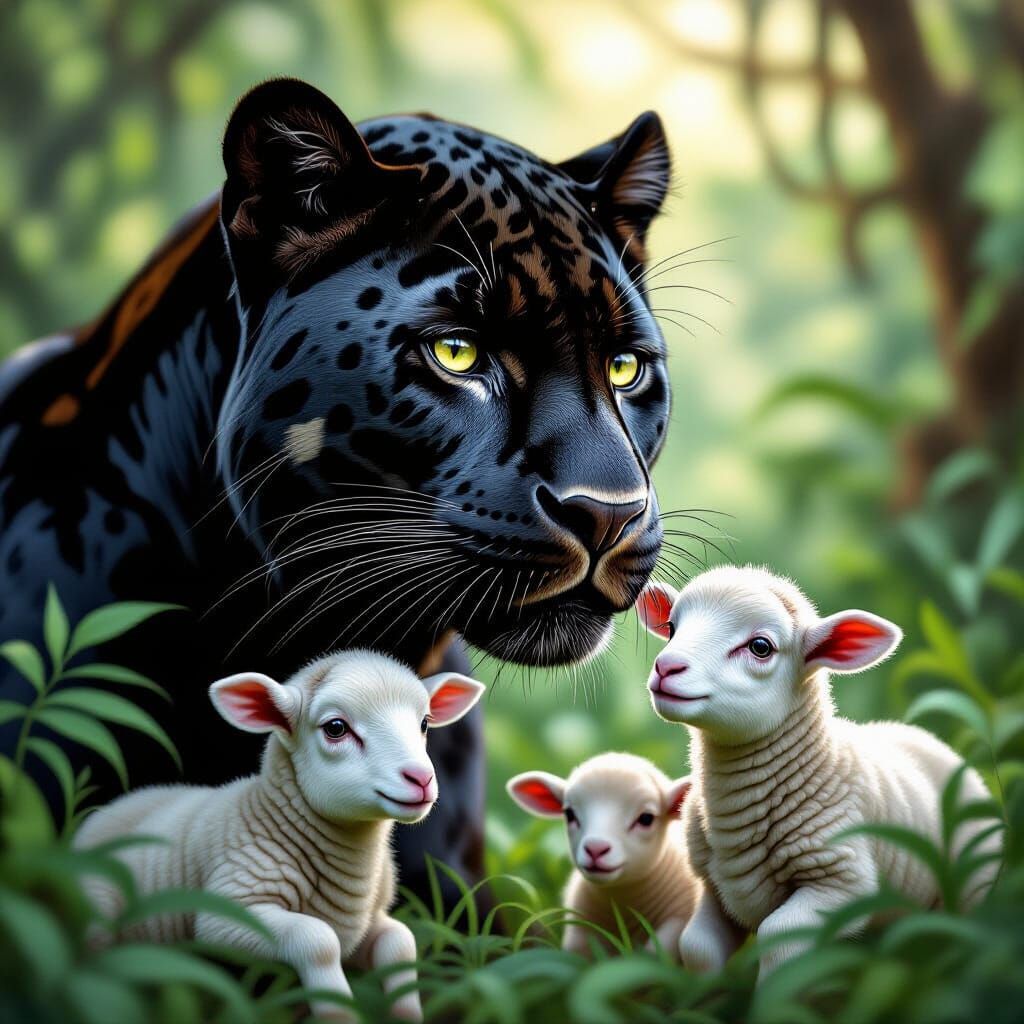 Black Panther and Lambs in Jungle, Hyperrealistic Splash Art