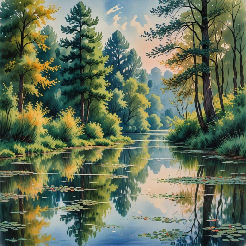 Impressionist Lake and Trees in Watercolor