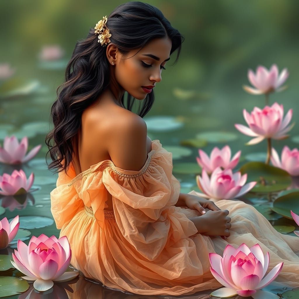 Serene Indian Woman in Lotus Pond, Fantasy Realism