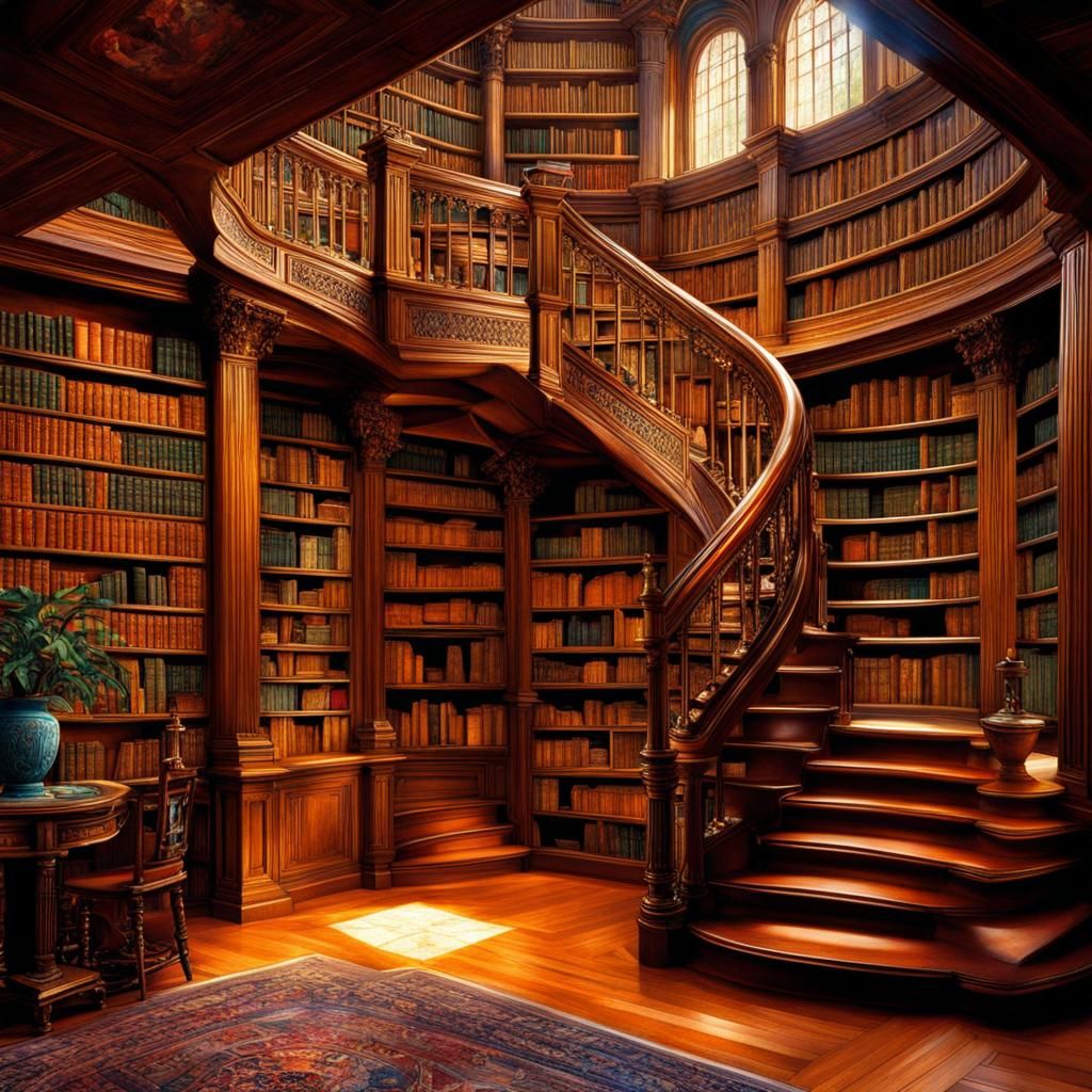 Magical Library Staircase in Waterhouse Style