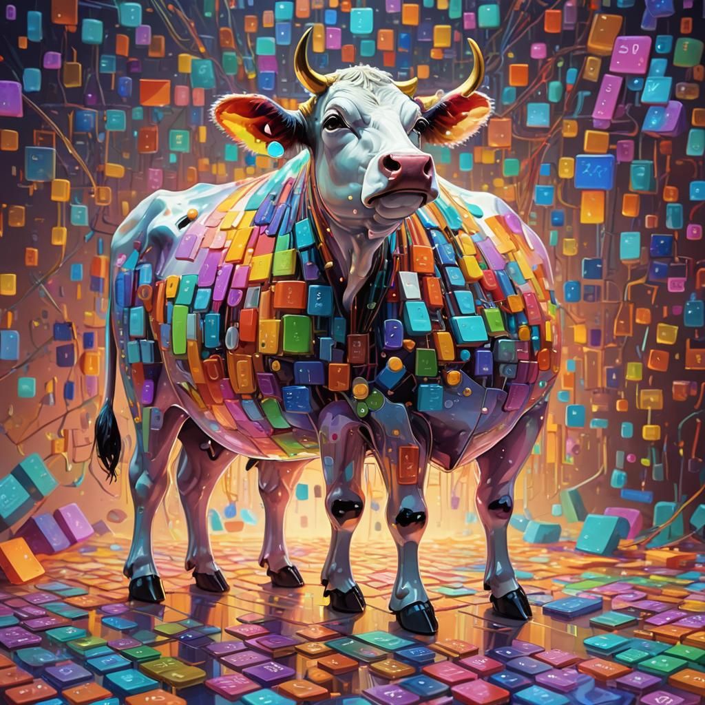 Crystal Cow on Calculator: Digital Fantasy Painting