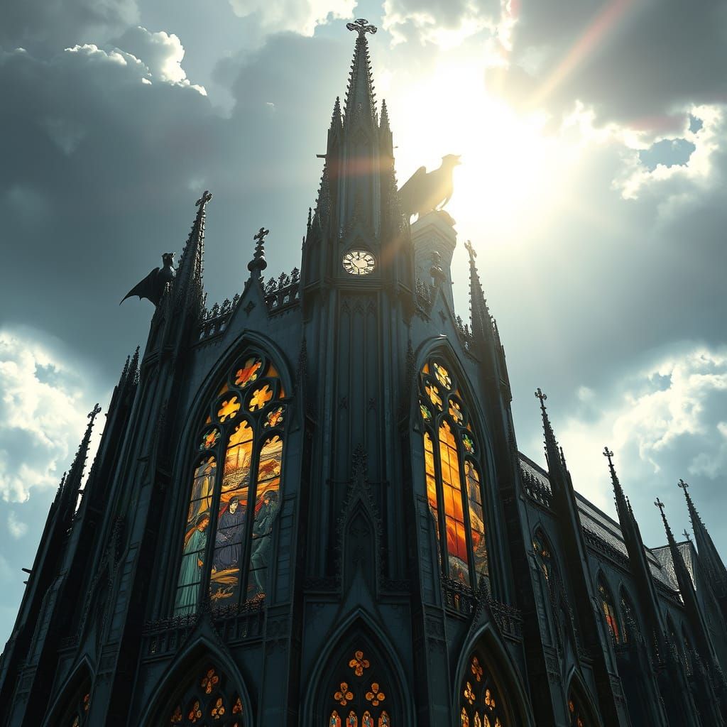 A gothic cathedral made of polished obsidian and adorned wit...
