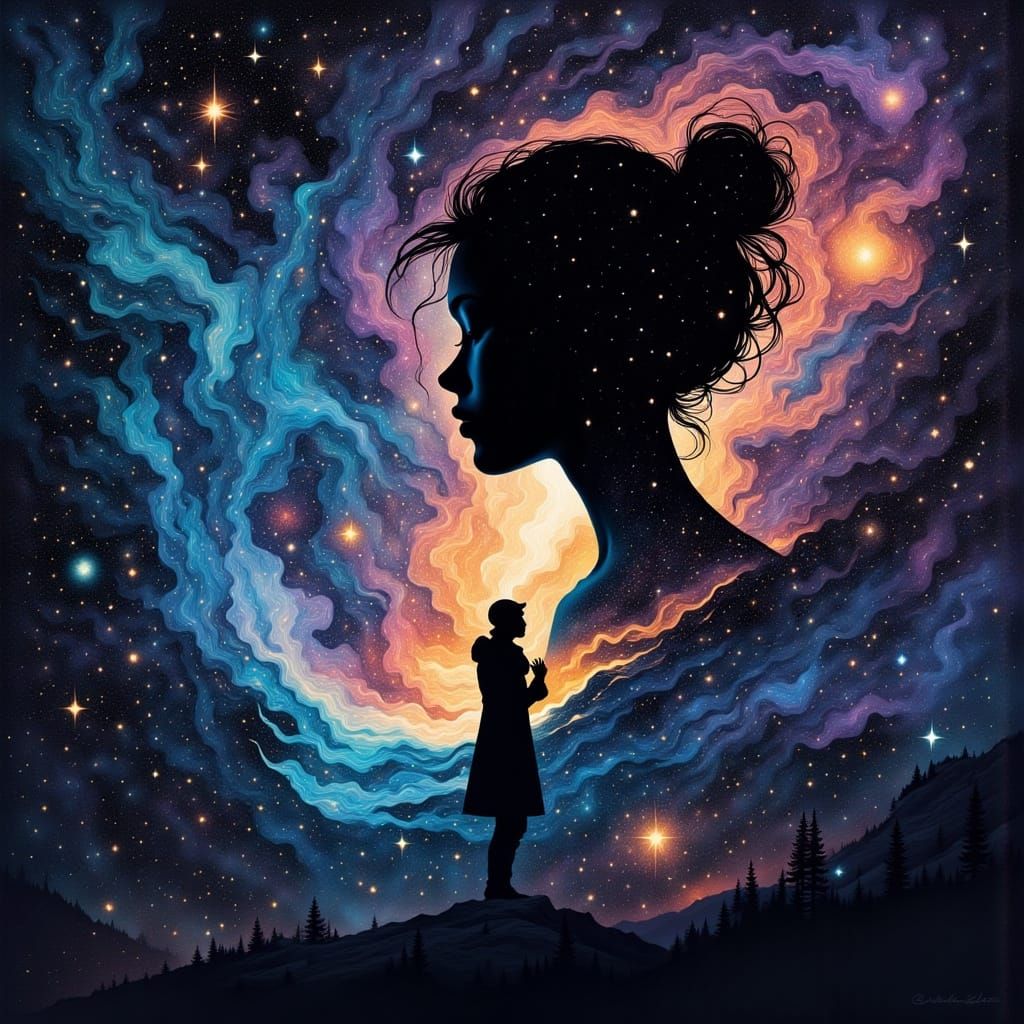 Cosmic Silhouette Person Reflecting Love and Change