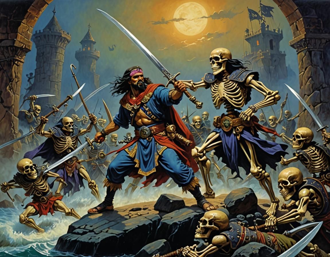 An oil painting of Sinbad the sailor fighting skeleton warri...