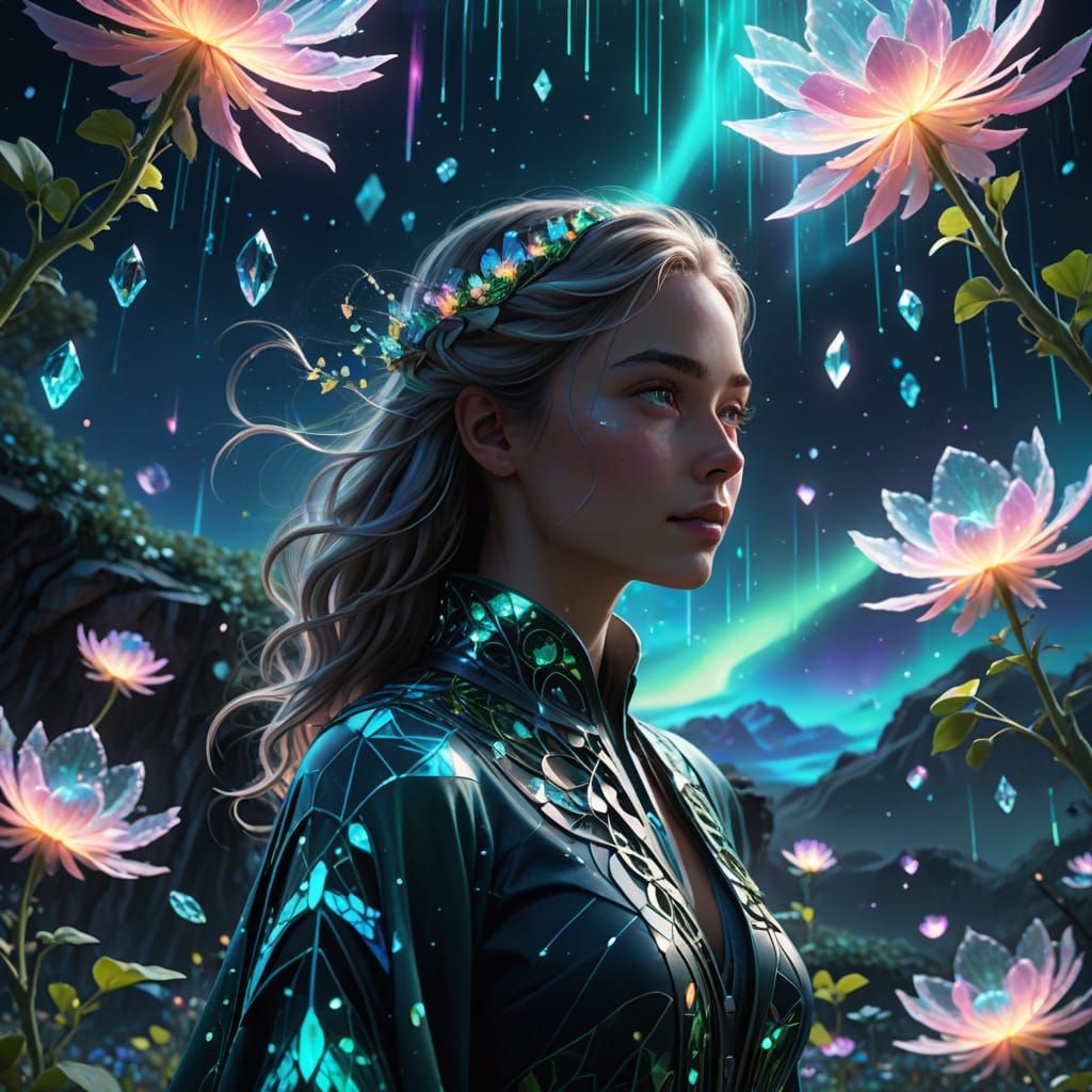 Ethereal Woman in Digital Fractal Garden