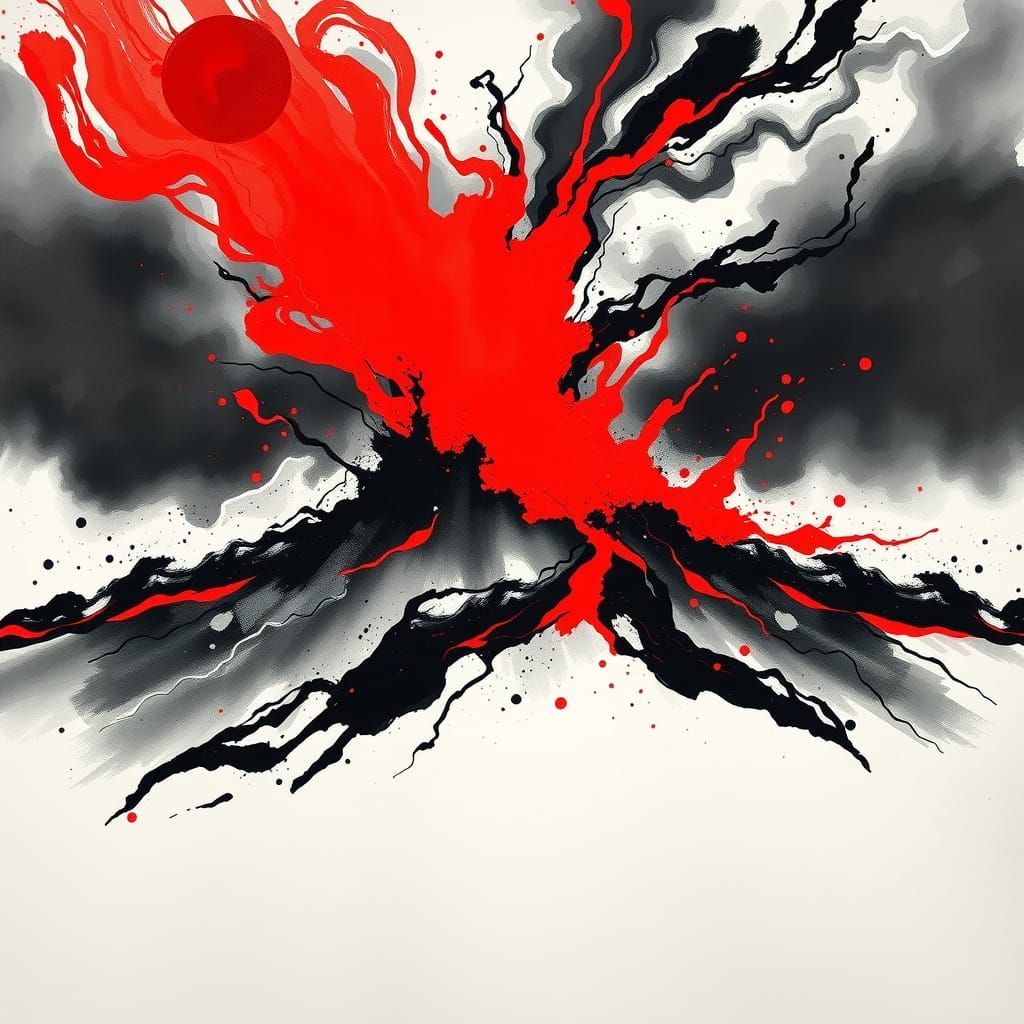 Volcanic Eruption in Sumi-e Style