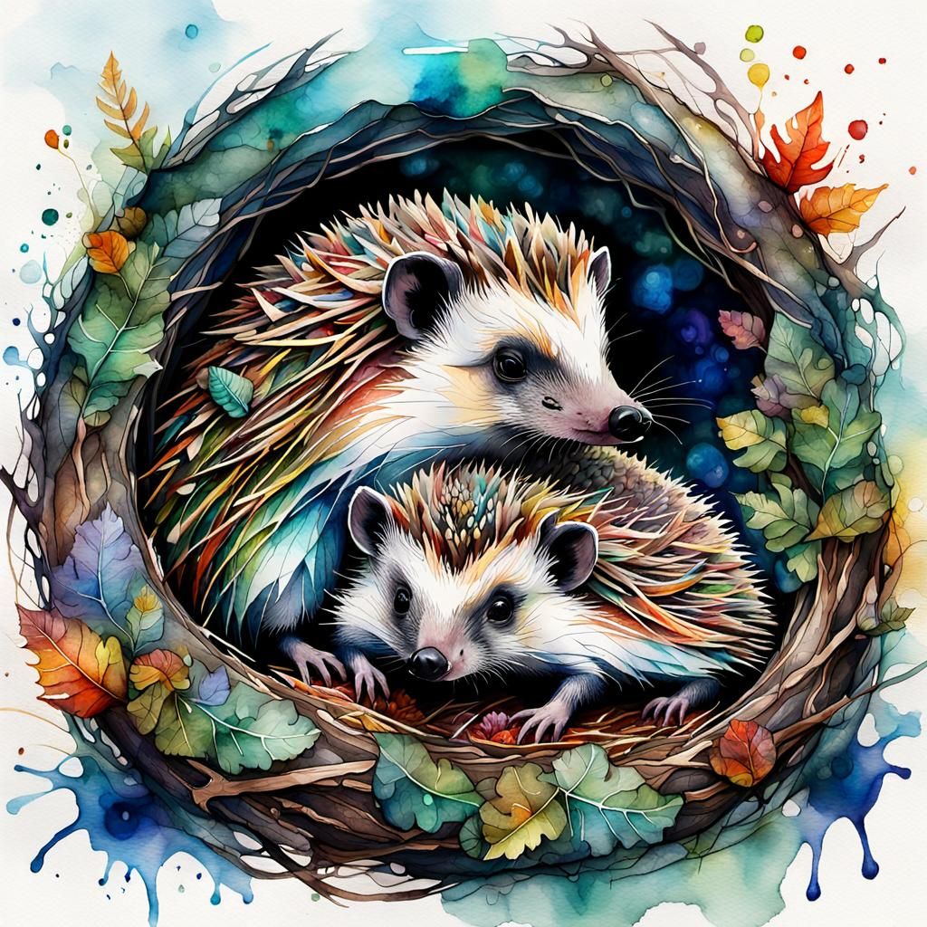 Mother Hedgehog and Hoglet Hibernation: Watercolor and Ink