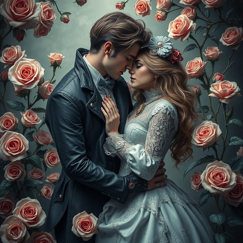 Gothic Steampunk Couple Embracing Amidst Mystical Roses