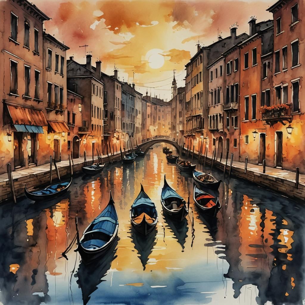 Venetian Sunset: Gondolas in Ink Painting Style