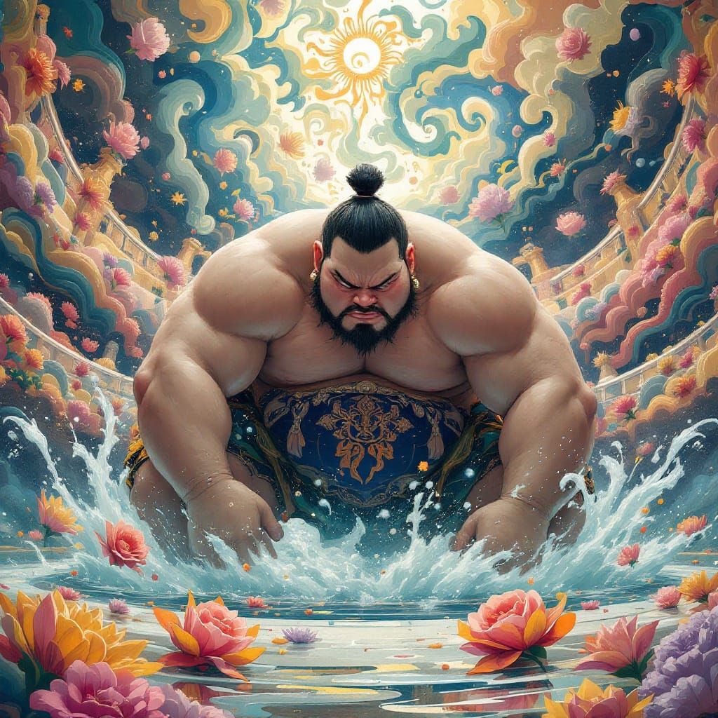 Surreal Sumo Wrestler in Dreamlike Arena, Fantastical Art