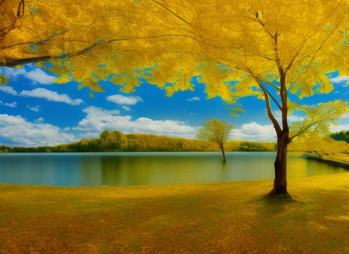 Autumnal Lakeside Landscape in Detailed Digital Style