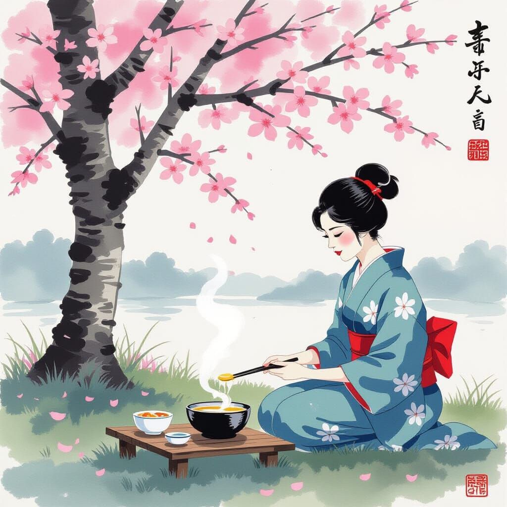 Japanese Inksplash Painting: Cherry Blossoms and Soup