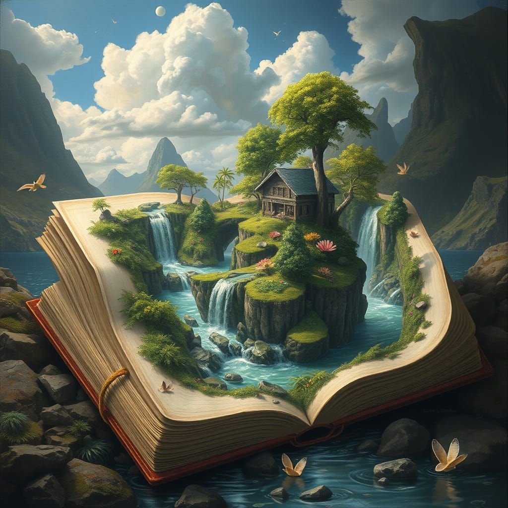 Surreal Oil Painting of a Magical Book Island