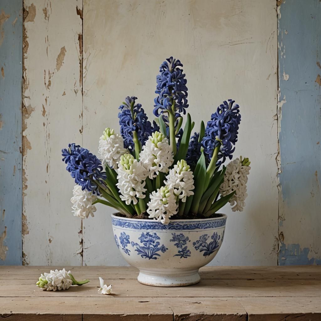 Photorealistic Hyacinths in Blue and White Bowl