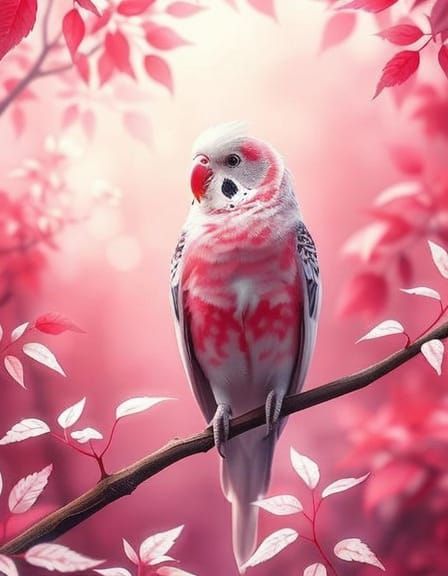 Surreal Budgerigar in Dreamy Forest, Watercolor Style