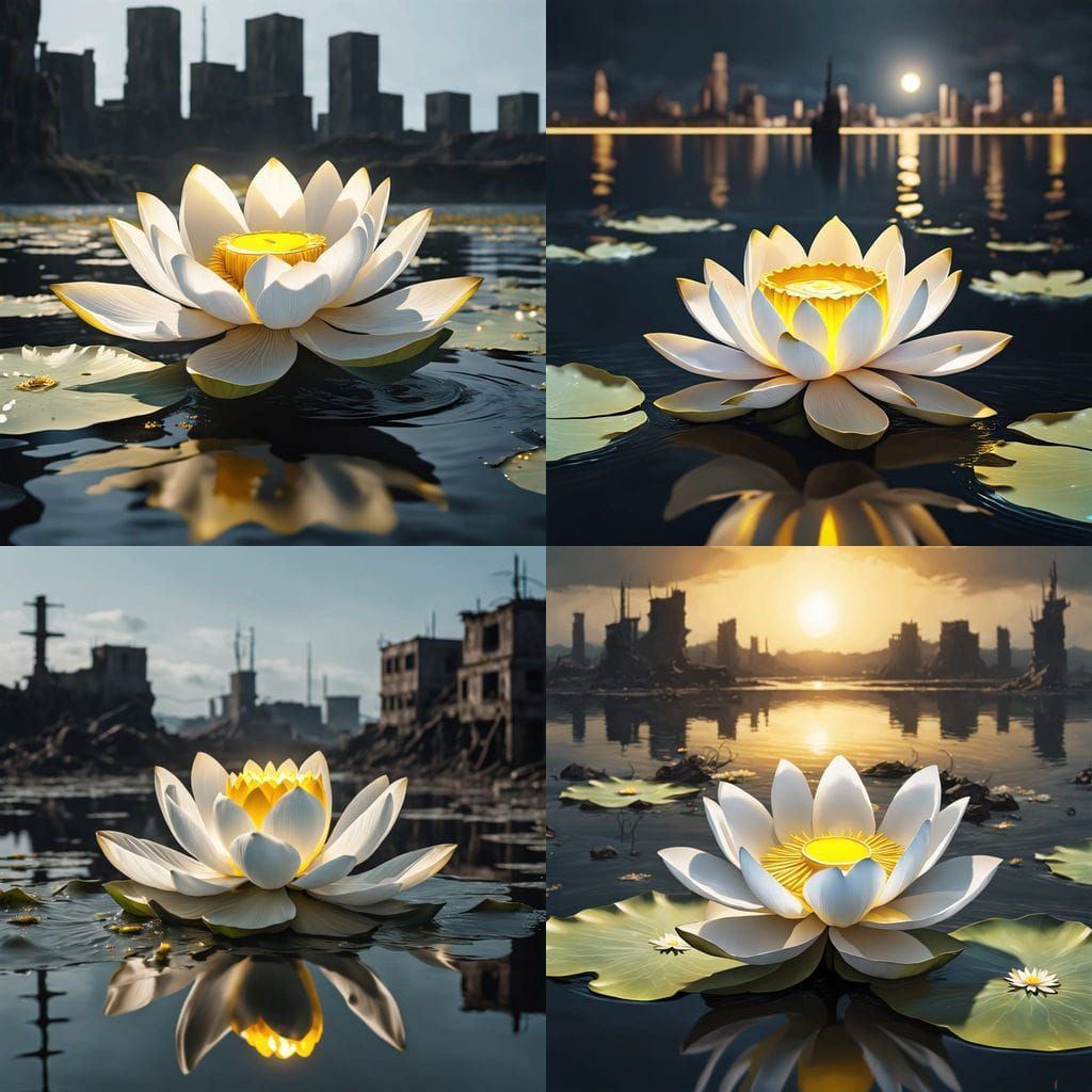 A Lone White Lotus Blooms Amidst a Toxic Oil Lake in a Ruine...