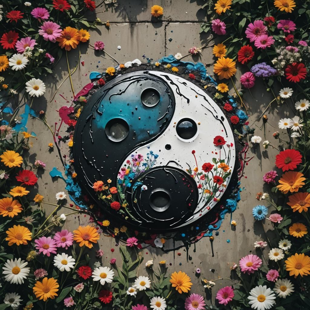 Ying and yang, duality, flowers, life, death Cinematic film still, shot on v-raptor XL, film grain, vignette, color grad...