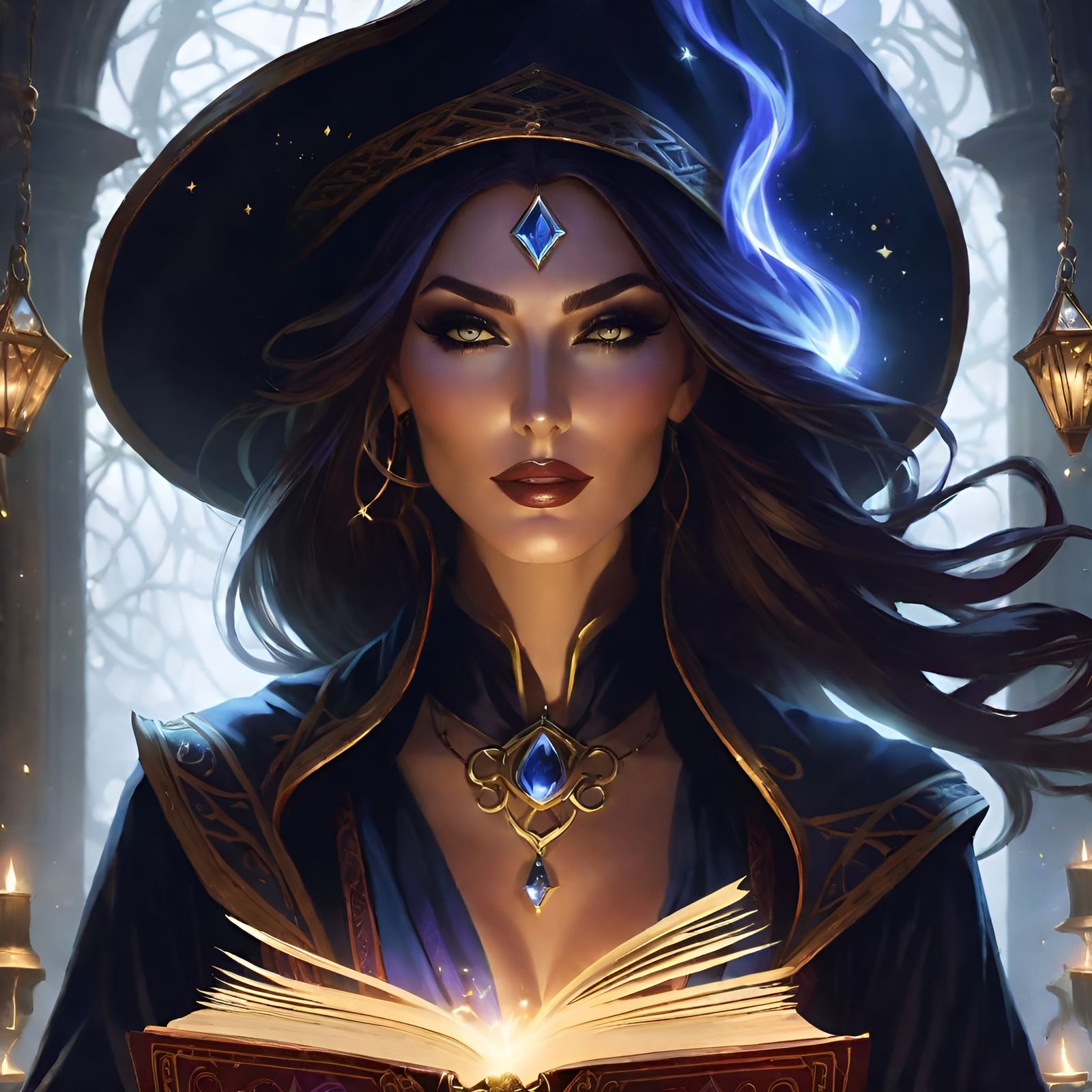 Sorceress Magically Emerging from Spellbook Pages