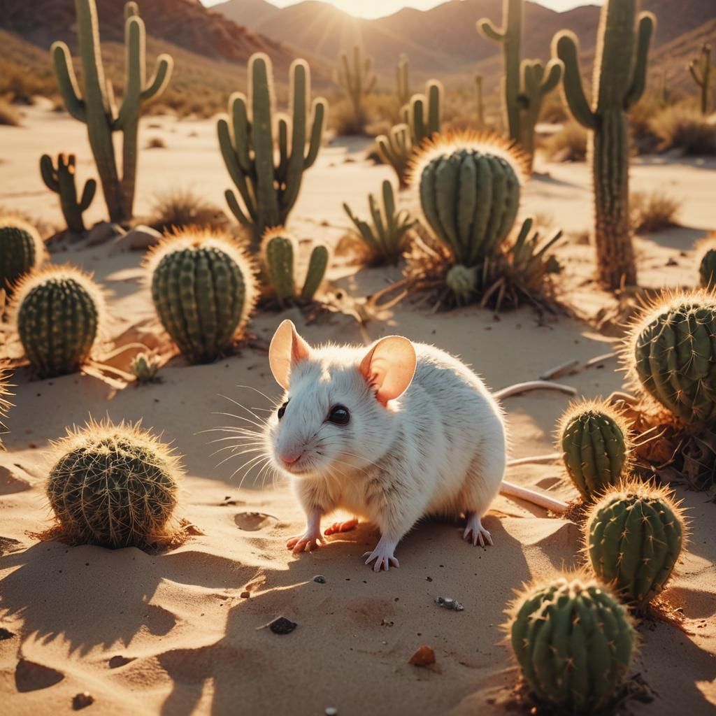 Cute White Mouse in Desert Golden Hour