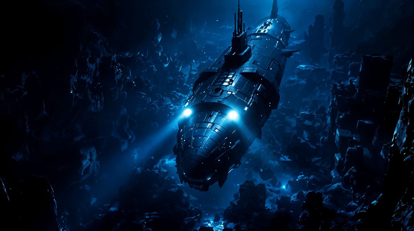 Underwater Submarine with Ancient Ruins in Deep Color