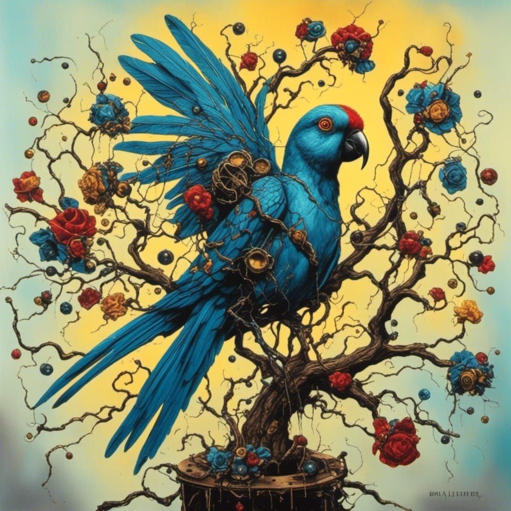 Colourful Parrot on Mechanical Tree in Twisted Ink Style