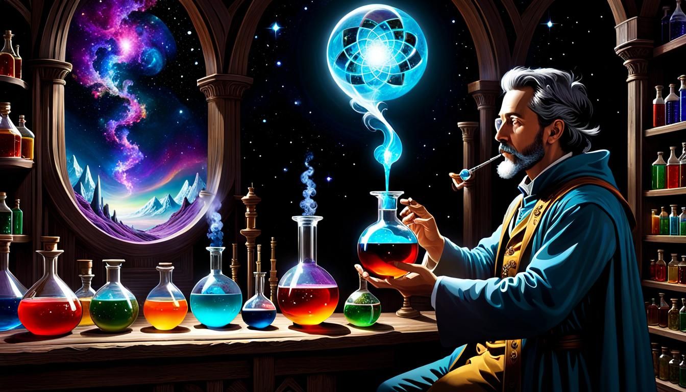Alchemist Drinks Magic Potion in Psychedelic Lab
