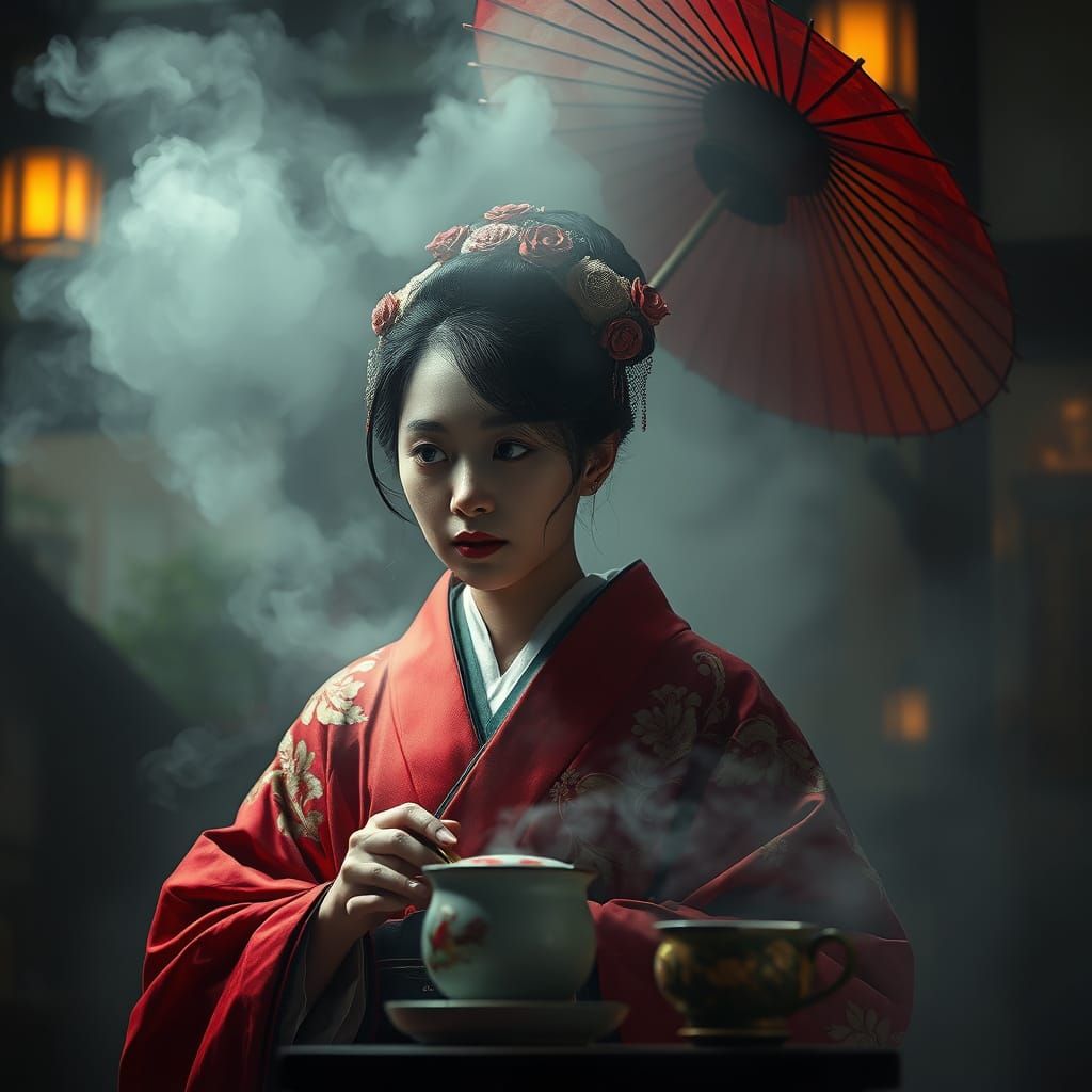 Hyperrealistic Geisha in Foggy Tea Ceremony
