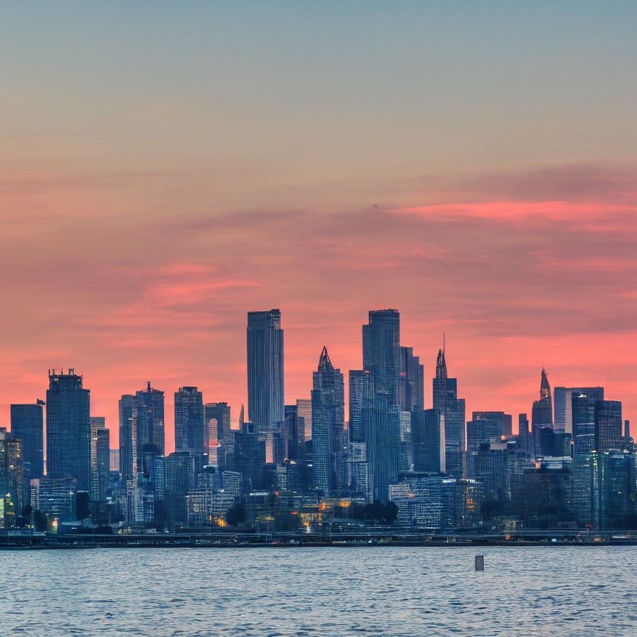 Sunset Cityscape Reflection Over Water