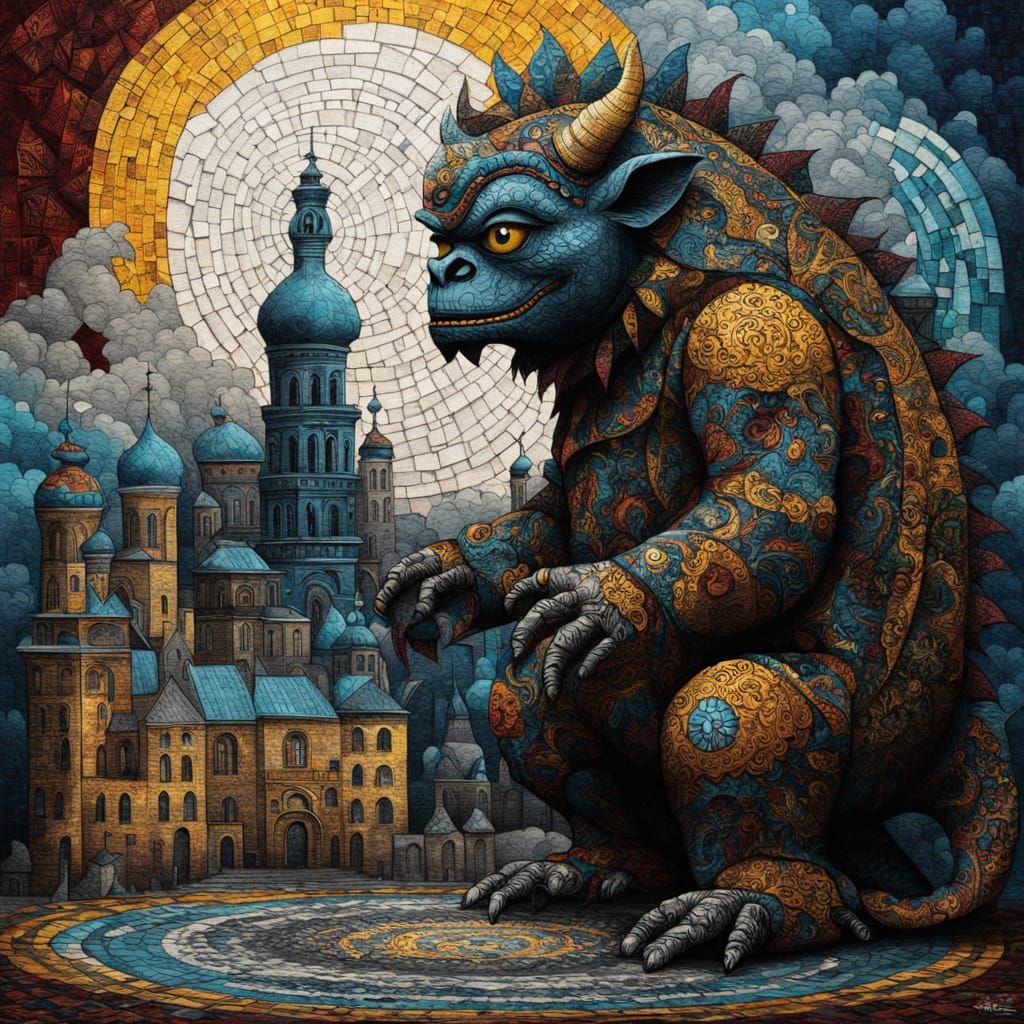 The cute monster and the heavenly city. mosaic in the style ...