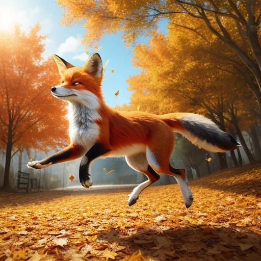 Happy Fox Jumping in Autumn Leaves