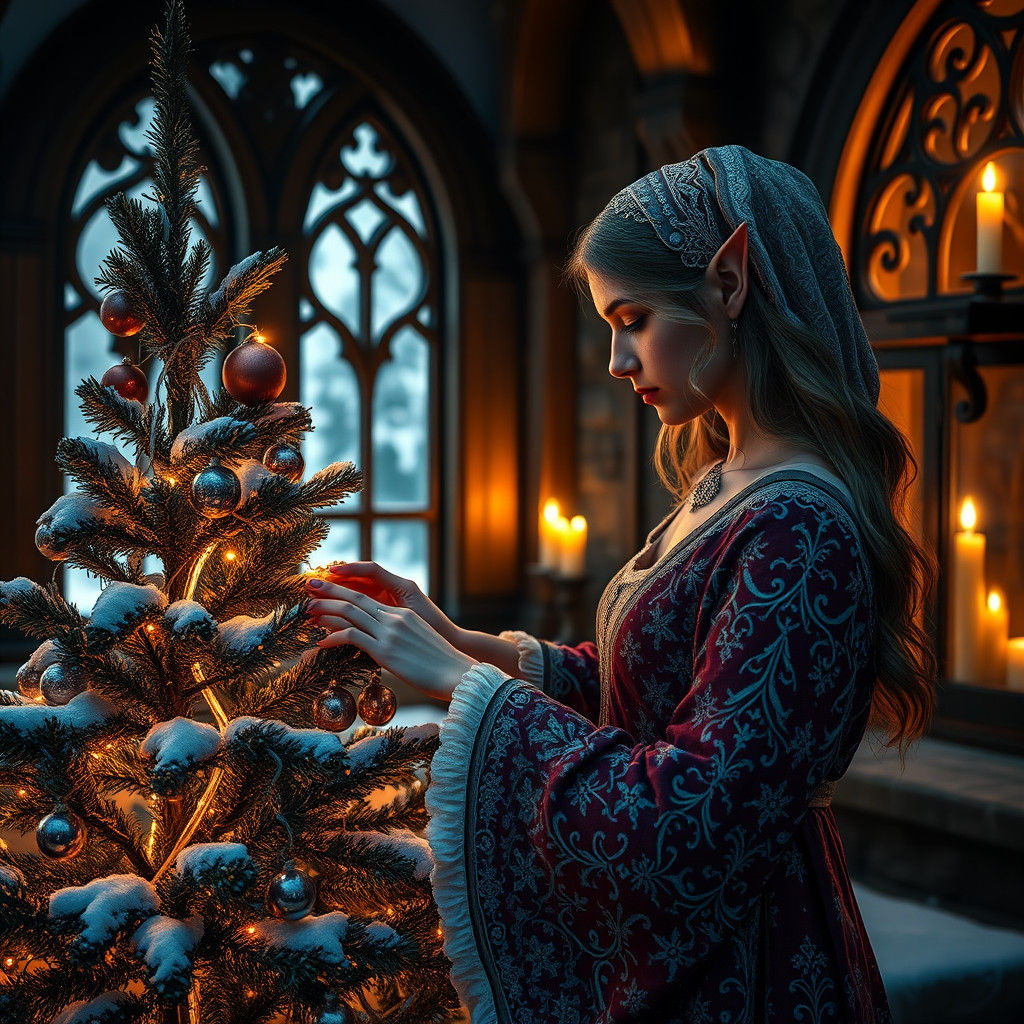 Hyperrealistic Elf Decorating Christmas Tree at Night